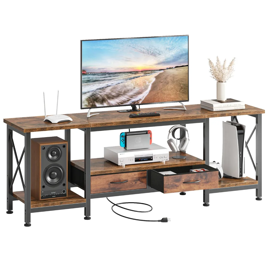 DUMOS 62-Inch TV Stand with Fabric Drawers
