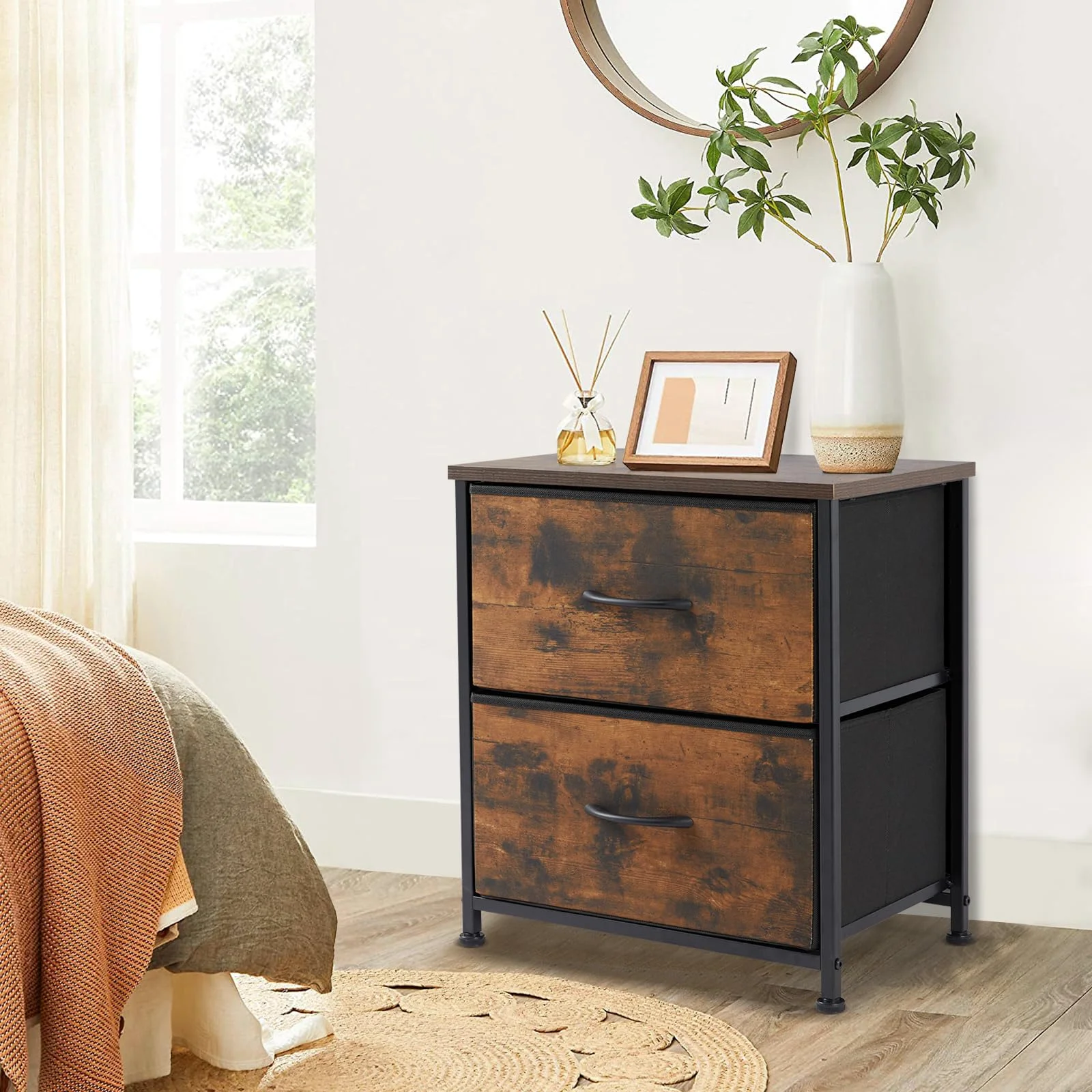 A two-drawer nightstand on bedside duty.