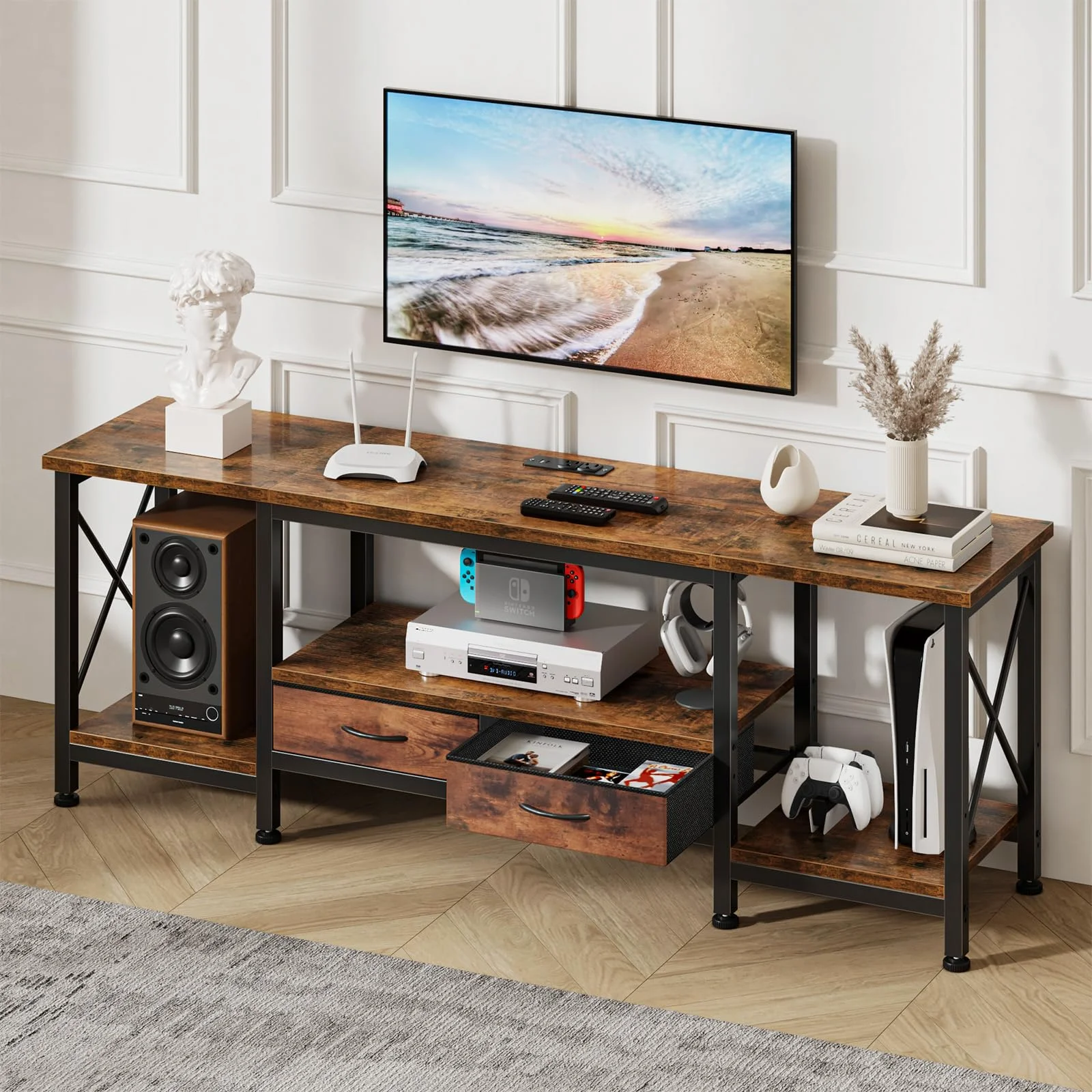 The 62-inch TV stand in its natural habitat.