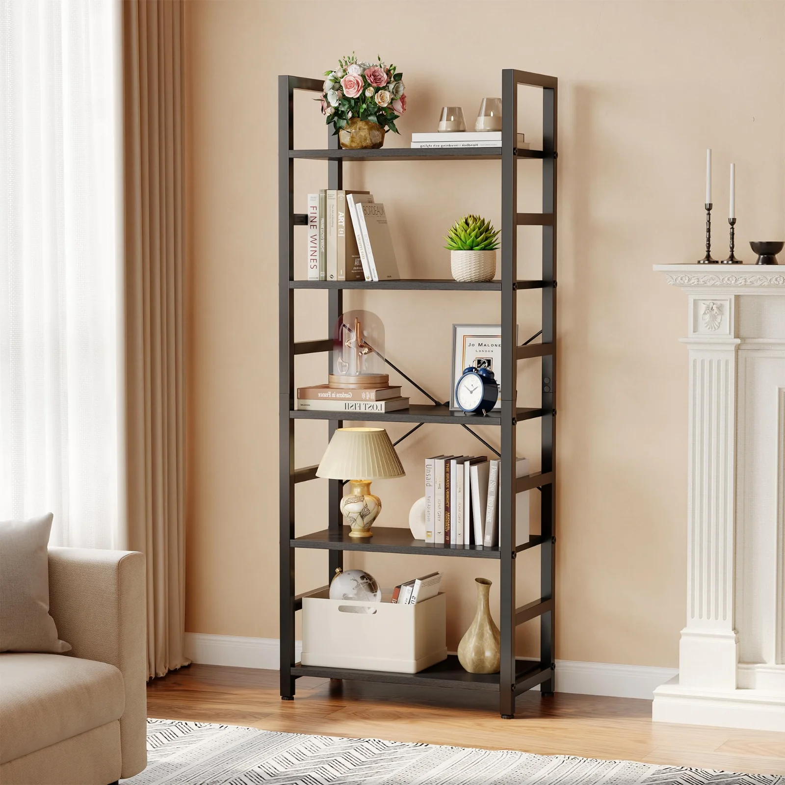 The 5-tier bookshelf holding a reading corner together.