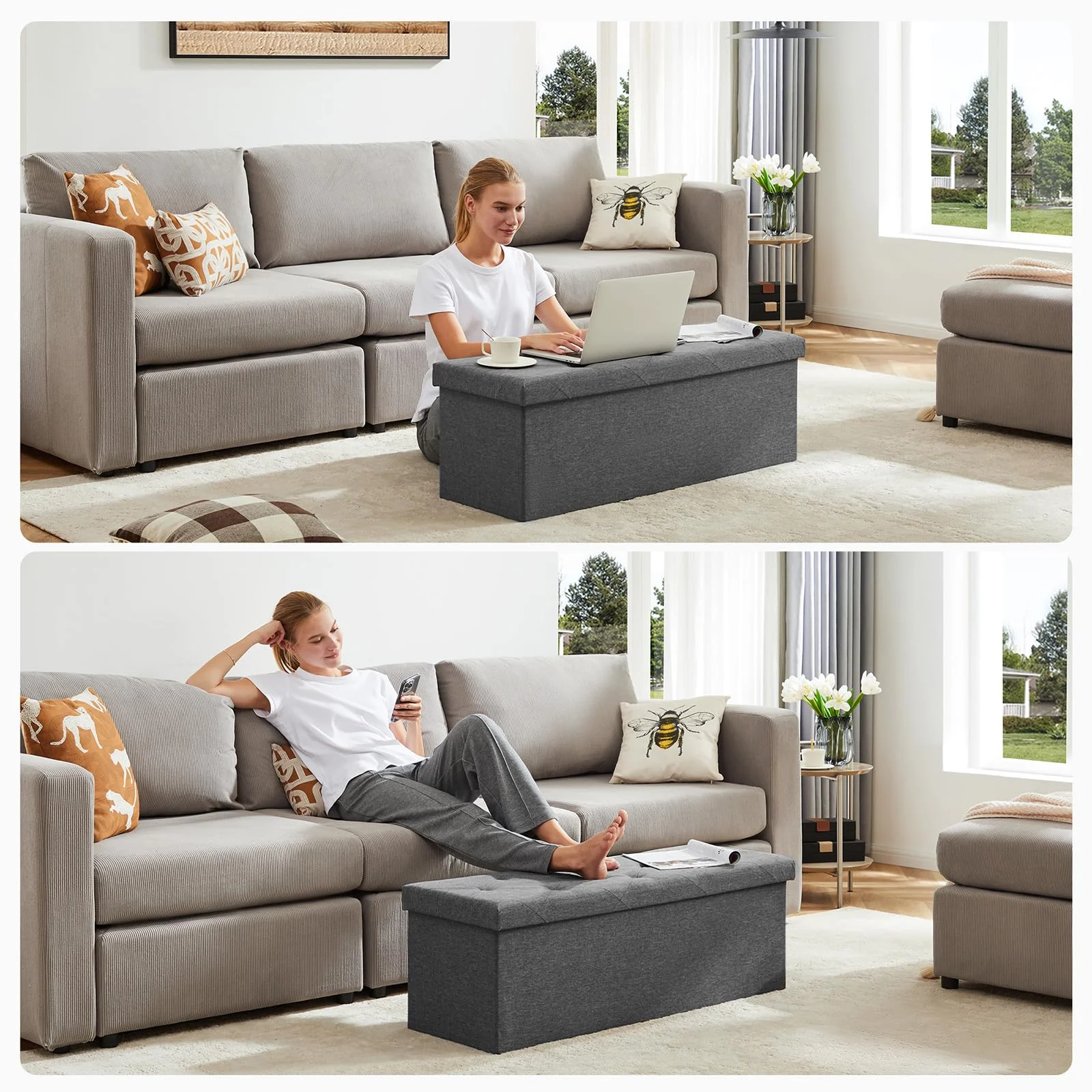 The multi-purpose room in one photograph: seat, storage and a workspace that can retreat.