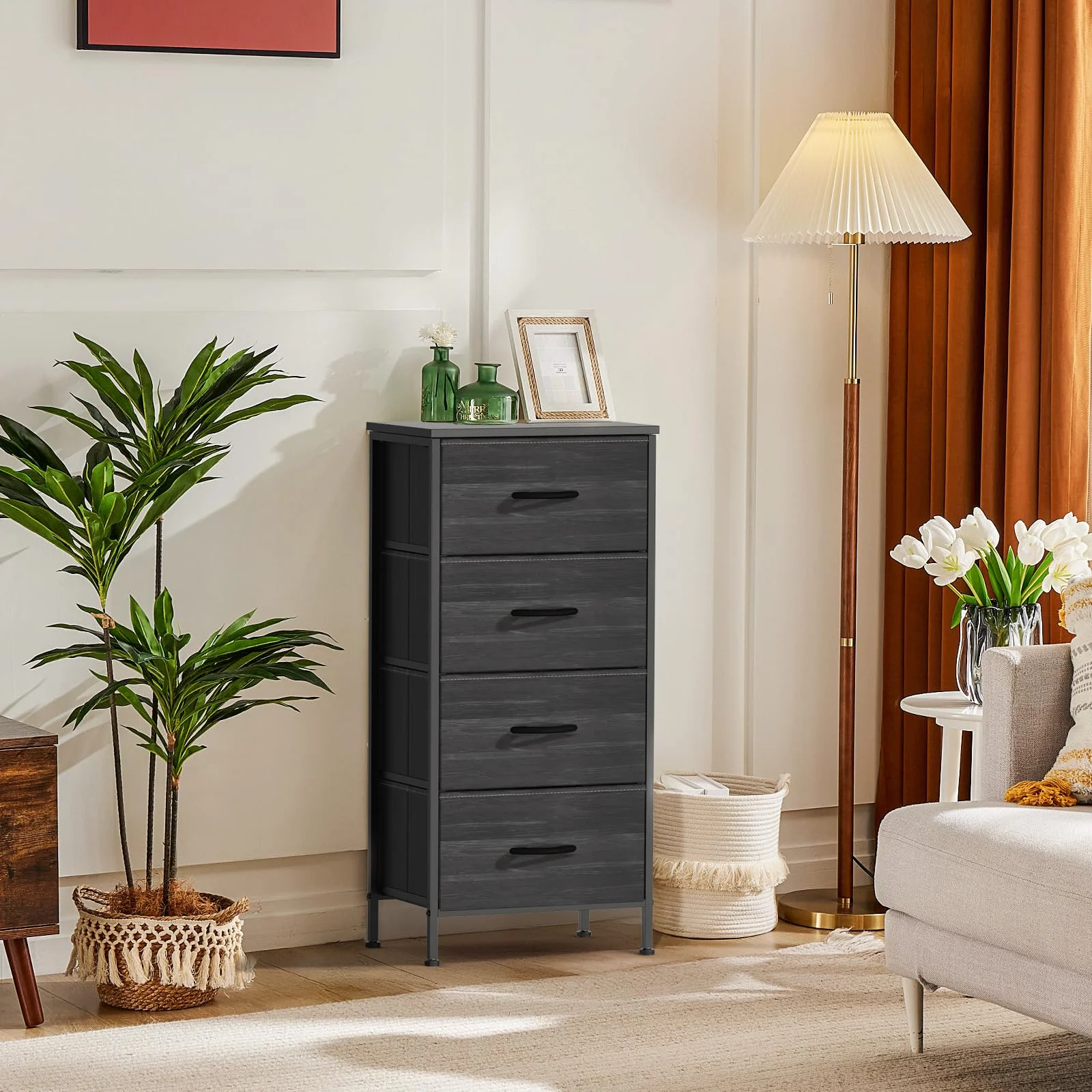 A DUMOS nightstand beside a made bed