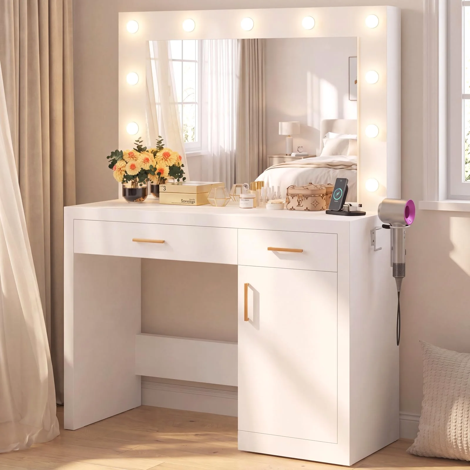 The makeup vanity desk with its mirror lit.